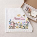 Personalized Embroidered Bunny Floral Baby Blanket, Custom Knit Baby Blanket with Name for Newborn, Gift for Baby, Keepsake Newborn Gift - Image 5