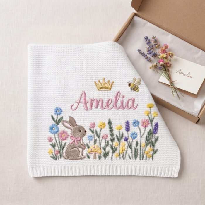 Personalized Embroidered Bunny Floral Baby Blanket, Custom Knit Baby Blanket with Name for Newborn, Gift for Baby, Keepsake Newborn Gift - Image 5