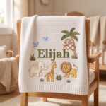 Personalized Embroidered Lion Baby Blanket Name - Custom Name Knit Giraffe Safari Newborn Gift, Gift for Baby Boy, Welcome Baby Blanket - Image 3