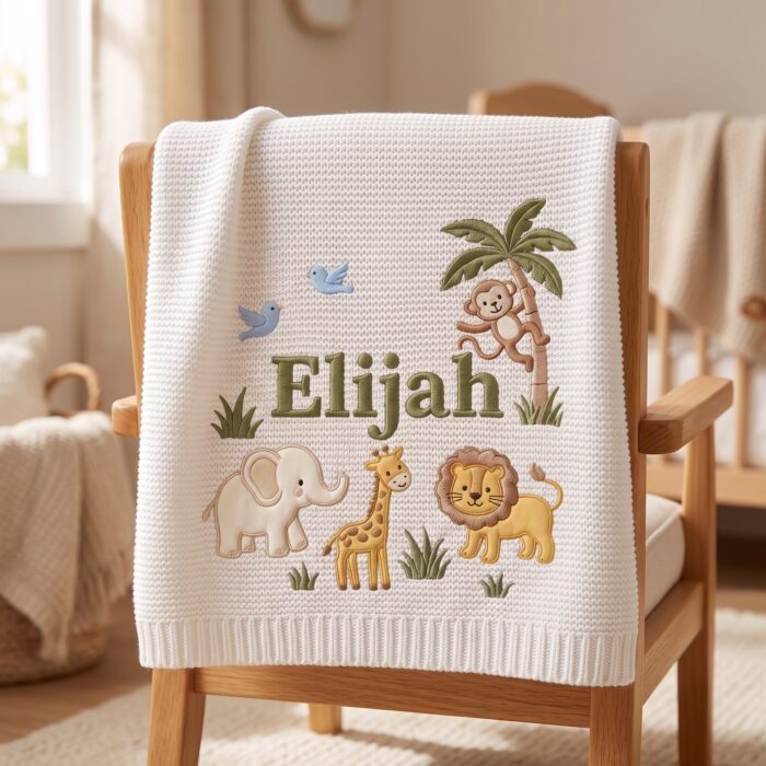 Personalized Embroidered Lion Baby Blanket Name - Custom Name Knit Giraffe Safari Newborn Gift, Gift for Baby Boy, Welcome Baby Blanket - Image 3
