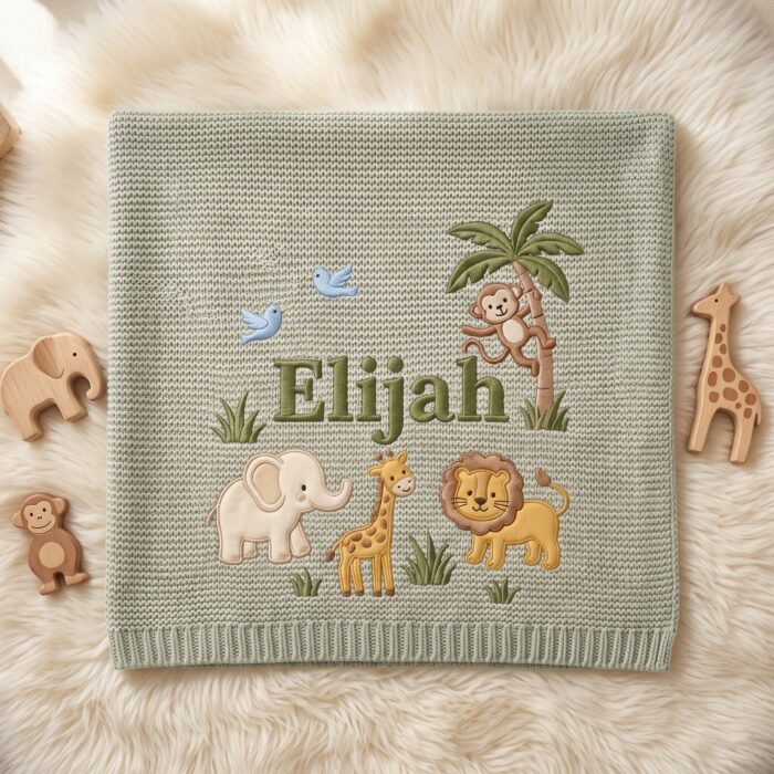Personalized Embroidered Lion Baby Blanket Name - Custom Name Knit Giraffe Safari Newborn Gift, Gift for Baby Boy, Welcome Baby Blanket - Image 4