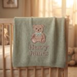 Personalized Embroidered Teddy Bear Baby Blanket with Name - Custom Knit Newborn Gift, Gift For Baby, Nursery Keepsake, Newborn Gift