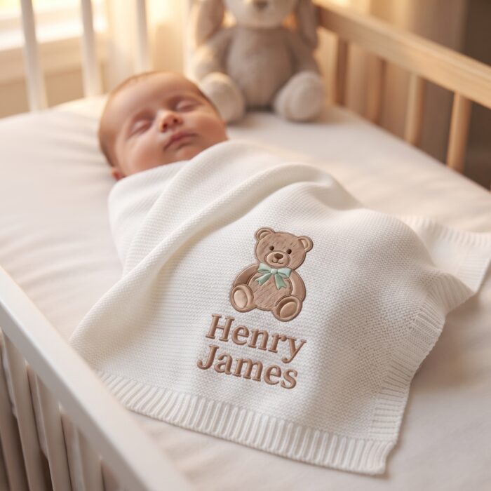 Personalized Embroidered Teddy Bear Baby Blanket with Name - Custom Knit Newborn Gift, Gift For Baby, Nursery Keepsake, Newborn Gift - Image 5