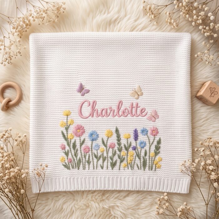 Custom Embroidered Name Blanket with Butterflies and Wildflowers for Newborn, Welcome Baby Blanket, Nursery Keepsake, Newborn Gift For Baby - Image 3