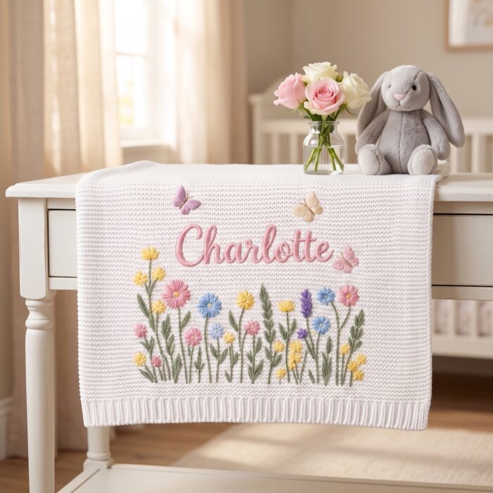 Custom Embroidered Name Blanket with Butterflies and Wildflowers for Newborn, Welcome Baby Blanket, Nursery Keepsake, Newborn Gift For Baby - Image 6