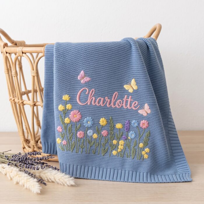 Custom Embroidered Name Blanket with Butterflies and Wildflowers for Newborn, Welcome Baby Blanket, Nursery Keepsake, Newborn Gift For Baby - Image 4