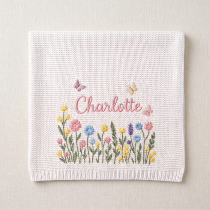 Custom Embroidered Name Blanket with Butterflies and Wildflowers for Newborn, Welcome Baby Blanket, Nursery Keepsake, Newborn Gift For Baby - Image 5