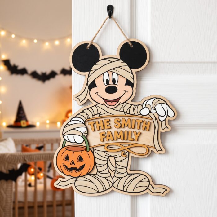 Personalized Spooky Mickey Mouse Door Hanger, Cute Halloween Ghost Sign, Mickey Halloween Decor with Pumpkin - Image 6