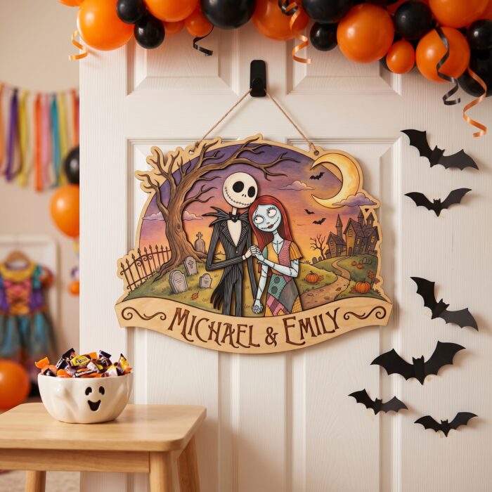 Personalized Jack and Sally Wooden Sign, Custom Nightmare Before Christmas Couple Wall Art, Halloween Anniversary Gift for Husband Wife - Image 4