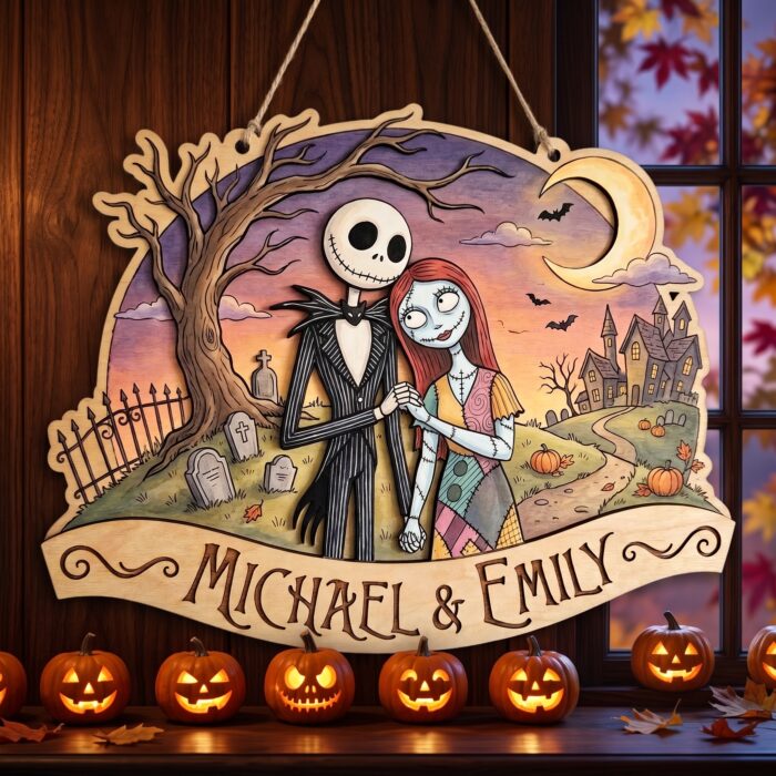 Personalized Jack and Sally Wooden Sign, Custom Nightmare Before Christmas Couple Wall Art, Halloween Anniversary Gift for Husband Wife - Image 5