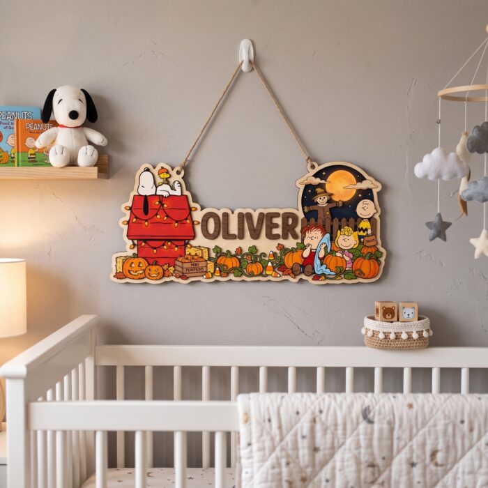 Custom Halloween Wooden Name Sign | Personalized Peanuts Pumpkin Patch Room Decor | Snoopy and Charlie Brown Kids Nursery Wall Hanging | Autumn Family Gift - Image 3