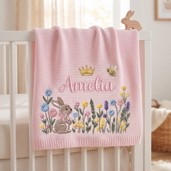Personalized Embroidered Bunny Floral Baby Blanket, Custom Knit Baby Blanket with Name for Newborn, Gift for Baby, Keepsake Newborn Gift - Image 8