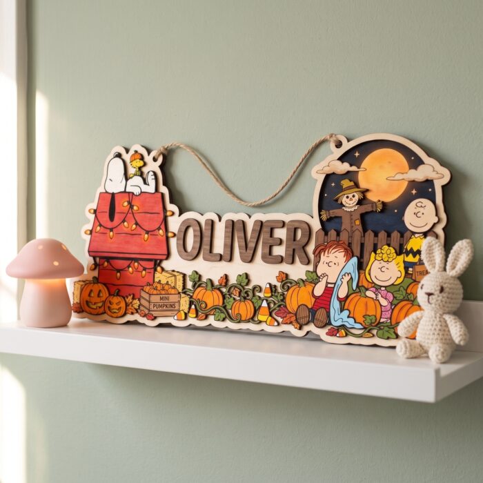 Custom Halloween Wooden Name Sign | Personalized Peanuts Pumpkin Patch Room Decor | Snoopy and Charlie Brown Kids Nursery Wall Hanging | Autumn Family Gift - Image 4