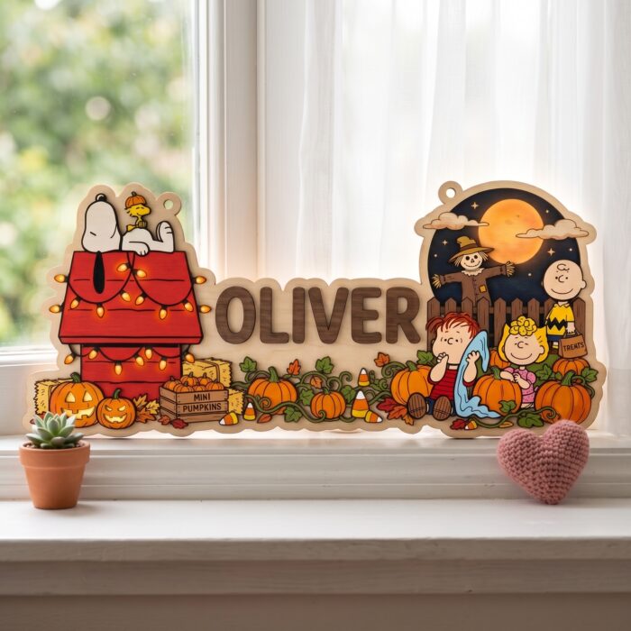 Custom Halloween Wooden Name Sign | Personalized Peanuts Pumpkin Patch Room Decor | Snoopy and Charlie Brown Kids Nursery Wall Hanging | Autumn Family Gift - Image 5