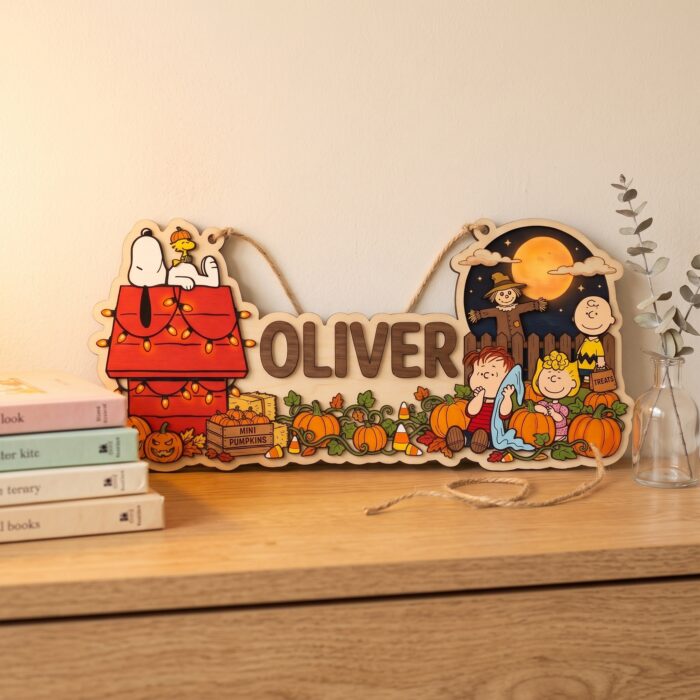 Custom Halloween Wooden Name Sign | Personalized Peanuts Pumpkin Patch Room Decor | Snoopy and Charlie Brown Kids Nursery Wall Hanging | Autumn Family Gift - Image 6