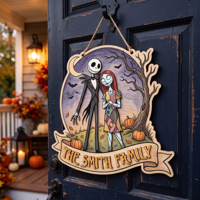 Custom Family Name Wood Sign - Nightmare Before Christmas Door Hanger, Jack and Sally Layered Wood Art, Spooky Halloween Decor - Image 6