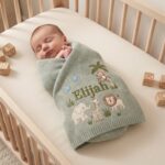 Personalized Embroidered Lion Baby Blanket Name - Custom Name Knit Giraffe Safari Newborn Gift, Gift for Baby Boy, Welcome Baby Blanket