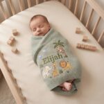 Personalized Embroidered Lion Baby Blanket Name - Custom Name Knit Giraffe Safari Newborn Gift, Gift for Baby Boy, Welcome Baby Blanket