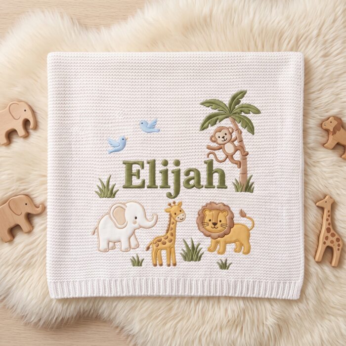 Personalized Embroidered Lion Baby Blanket Name - Custom Name Knit Giraffe Safari Newborn Gift, Gift for Baby Boy, Welcome Baby Blanket - Image 6
