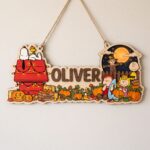 Custom Halloween Wooden Name Sign | Personalized Peanuts Pumpkin Patch Room Decor | Snoopy and Charlie Brown Kids Nursery Wall Hanging | Autumn Family Gift