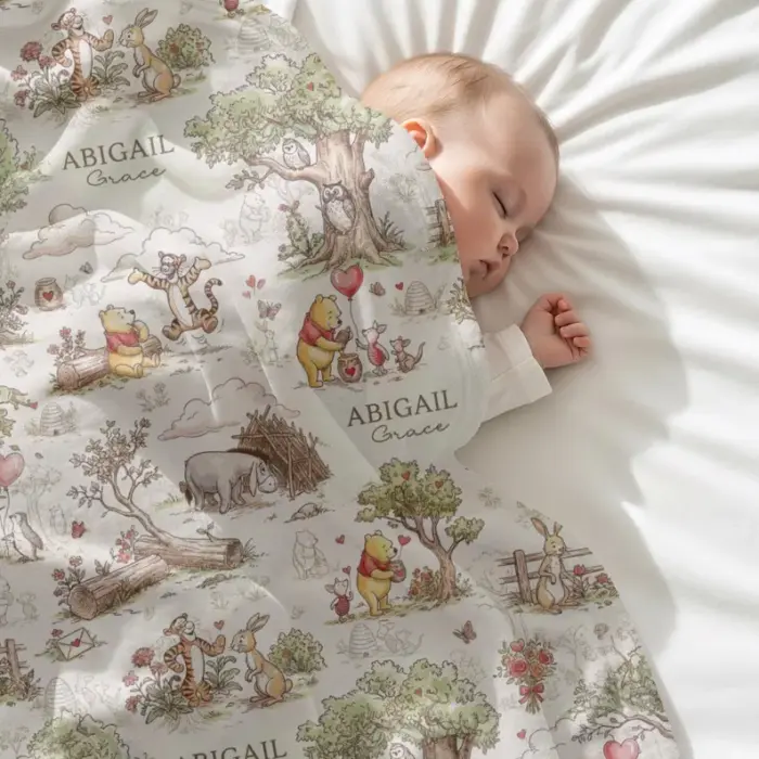 Personalized Classic Winnie the Pooh Baby Blanket, Custom Name Hundred Acre Wood Nursery Decor, Vintage Pooh and Friends Minky Blanket - Image 2
