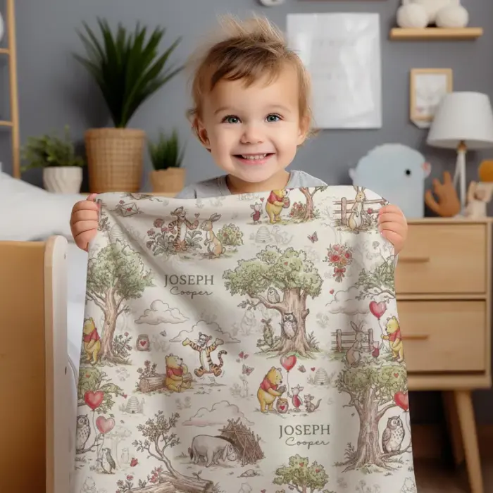 Personalized Classic Winnie the Pooh Baby Blanket, Custom Name Hundred Acre Wood Nursery Decor, Vintage Pooh and Friends Minky Blanket - Image 3