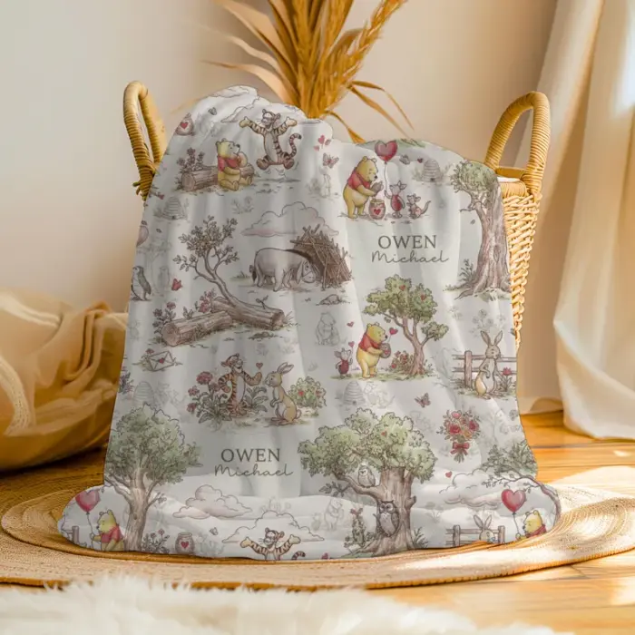Personalized Classic Winnie the Pooh Baby Blanket, Custom Name Hundred Acre Wood Nursery Decor, Vintage Pooh and Friends Minky Blanket - Image 4