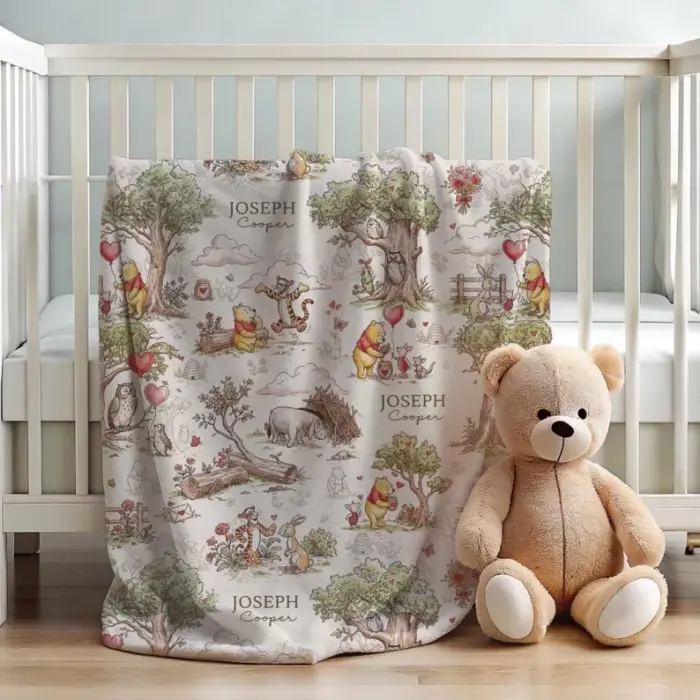 Personalized Classic Winnie the Pooh Baby Blanket, Custom Name Hundred Acre Wood Nursery Decor, Vintage Pooh and Friends Minky Blanket - Image 5