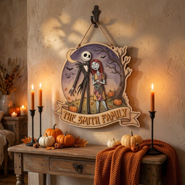 Custom Family Name Wood Sign - Nightmare Before Christmas Door Hanger, Jack and Sally Layered Wood Art, Spooky Halloween Decor - Image 2