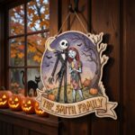 Custom Family Name Wood Sign - Nightmare Before Christmas Door Hanger, Jack and Sally Layered Wood Art, Spooky Halloween Decor