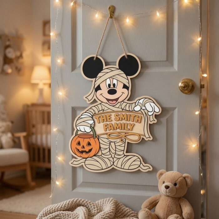 Personalized Spooky Mickey Mouse Door Hanger, Cute Halloween Ghost Sign, Mickey Halloween Decor with Pumpkin - Image 5