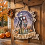 Custom Family Name Wood Sign - Nightmare Before Christmas Door Hanger, Jack and Sally Layered Wood Art, Spooky Halloween Decor - Image 3