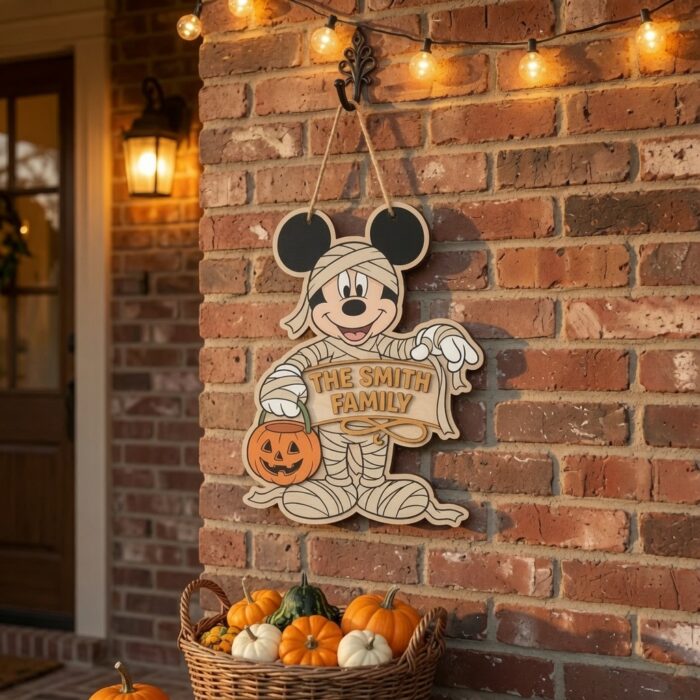 Personalized Spooky Mickey Mouse Door Hanger, Cute Halloween Ghost Sign, Mickey Halloween Decor with Pumpkin - Image 3