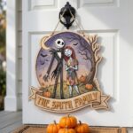 Custom Family Name Wood Sign - Nightmare Before Christmas Door Hanger, Jack and Sally Layered Wood Art, Spooky Halloween Decor - Image 4