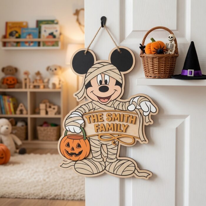 Personalized Spooky Mickey Mouse Door Hanger, Cute Halloween Ghost Sign, Mickey Halloween Decor with Pumpkin - Image 4