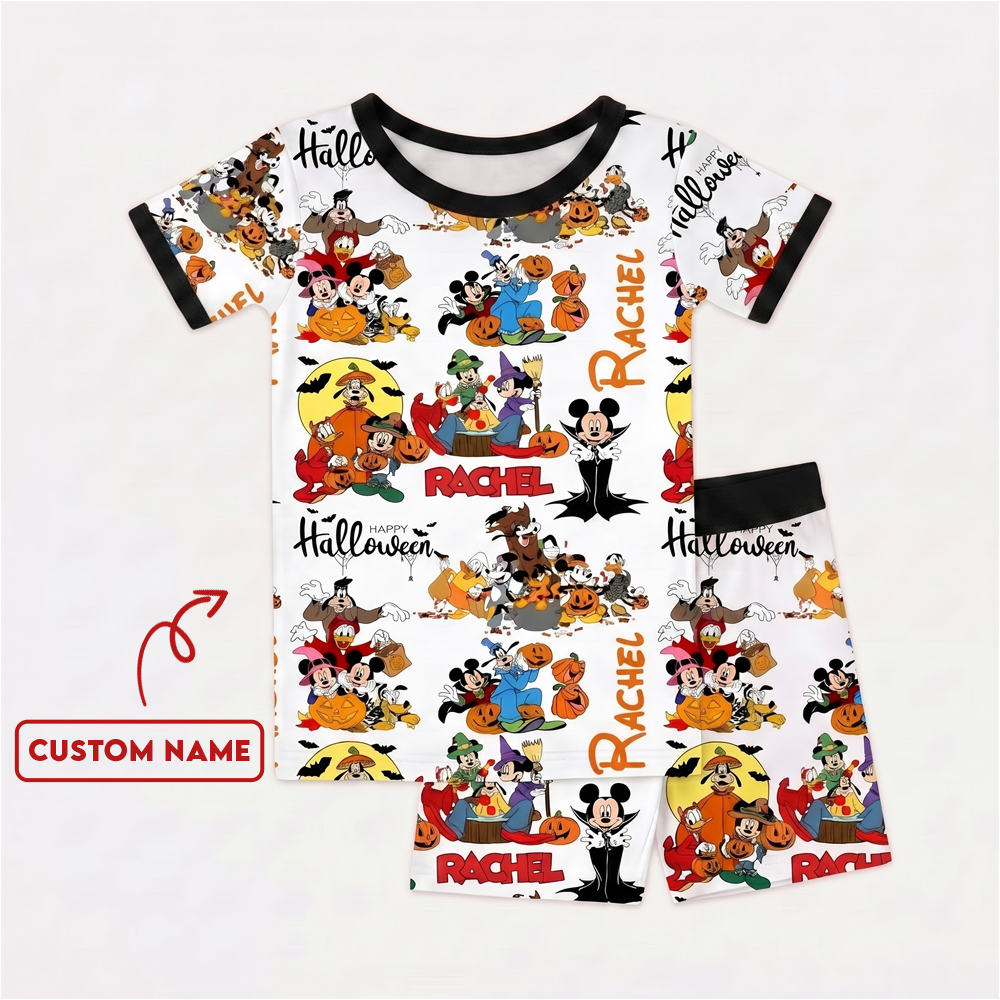 cn copy Personalized Halloween Mickey Bamboo Short Sleeved Pajamas and Shorts, Halloween Baby Sleeper, Faith Based Baby Gift - Image 1