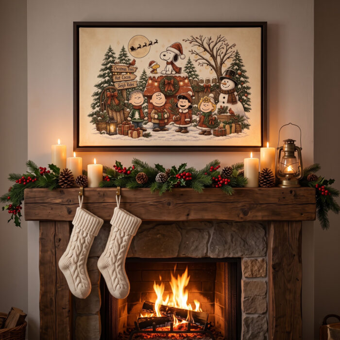 Vintage Snoopy & Friends Christmas Framed Canvas with Espresso Frame, Winter Holiday Wall Art, Framed Matte Canvas Print - Image 2