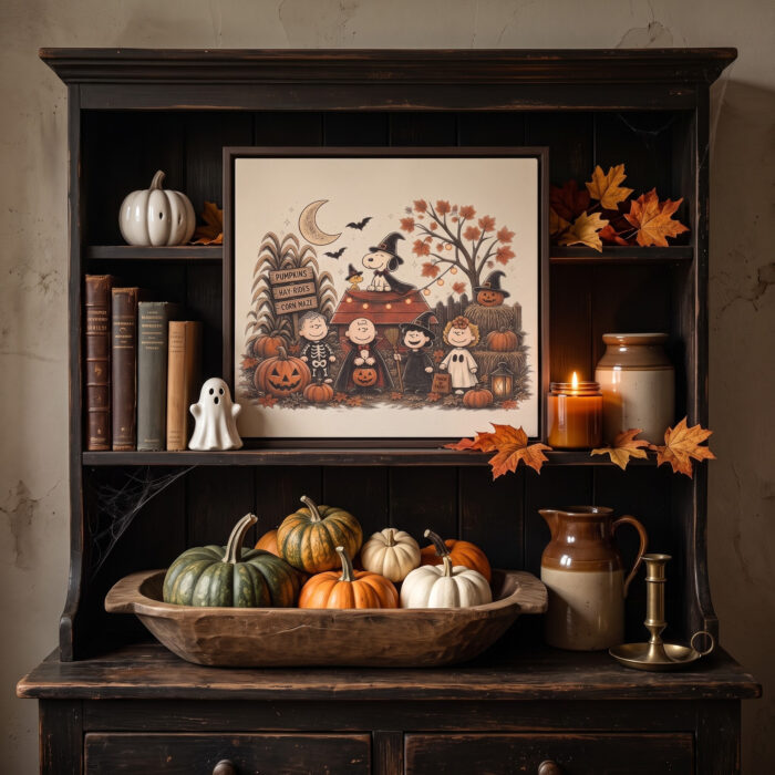 Vintage Snoopy & Friends Halloween Square Framed Canvas with Espresso Frame, Spooky Autumn Wall Art, Framed Matte Canvas Print - Image 2