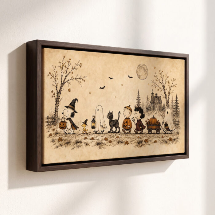 Vintage Snoopy & Friends Halloween Framed Canvas with Espresso Frame, Trick or Treat Spooky Autumn Wall Art, Framed Matte Canvas Print - Image 2