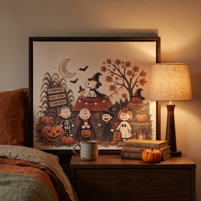 Vintage Snoopy & Friends Halloween Square Framed Canvas with Espresso Frame, Spooky Autumn Wall Art, Framed Matte Canvas Print - Image 3