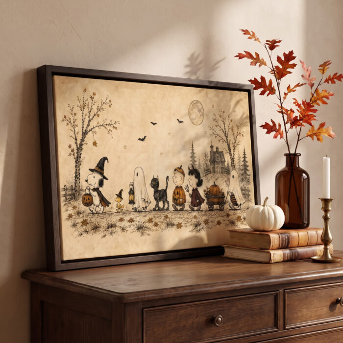 Vintage Snoopy & Friends Halloween Framed Canvas with Espresso Frame, Trick or Treat Spooky Autumn Wall Art, Framed Matte Canvas Print - Image 4