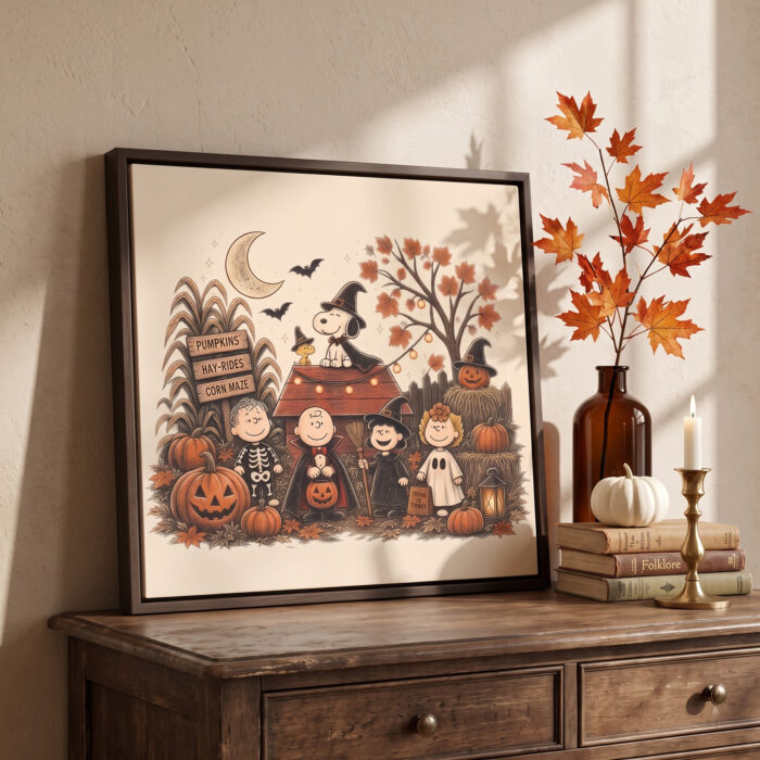 Vintage Snoopy & Friends Halloween Square Framed Canvas with Espresso Frame, Spooky Autumn Wall Art, Framed Matte Canvas Print - Image 4