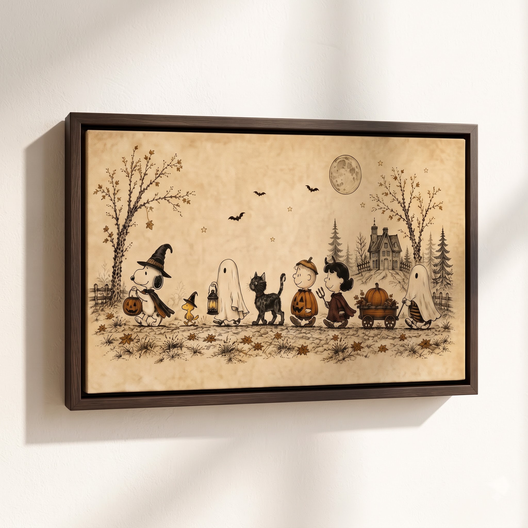 Framed_canvas_on_wall_2K_20260914195757 Vintage Snoopy & Friends Halloween Framed Canvas with Espresso Frame, Trick or Treat Spooky Autumn Wall Art, Framed Matte Canvas Print - Image 1