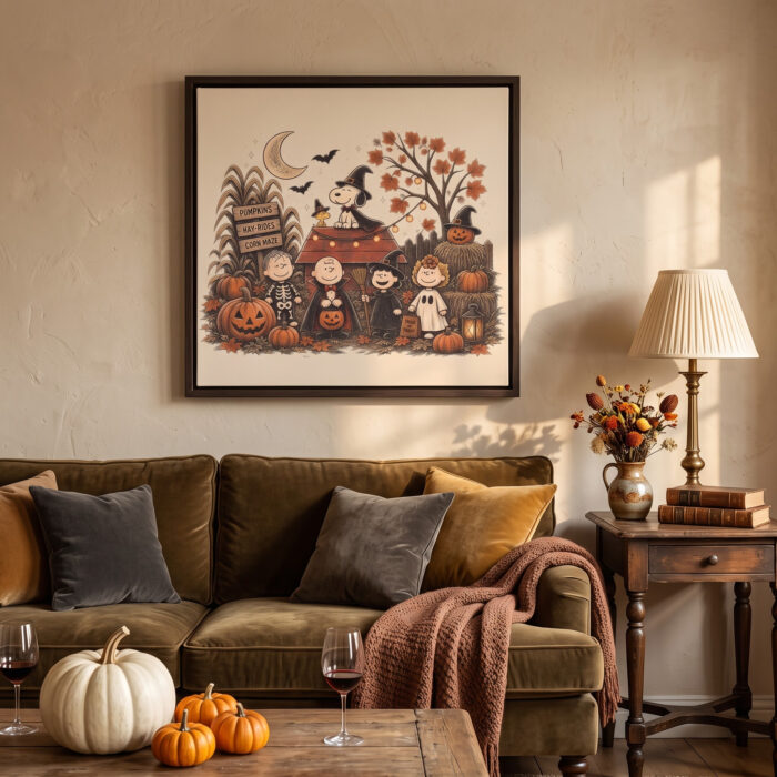 Vintage Snoopy & Friends Halloween Square Framed Canvas with Espresso Frame, Spooky Autumn Wall Art, Framed Matte Canvas Print - Image 5