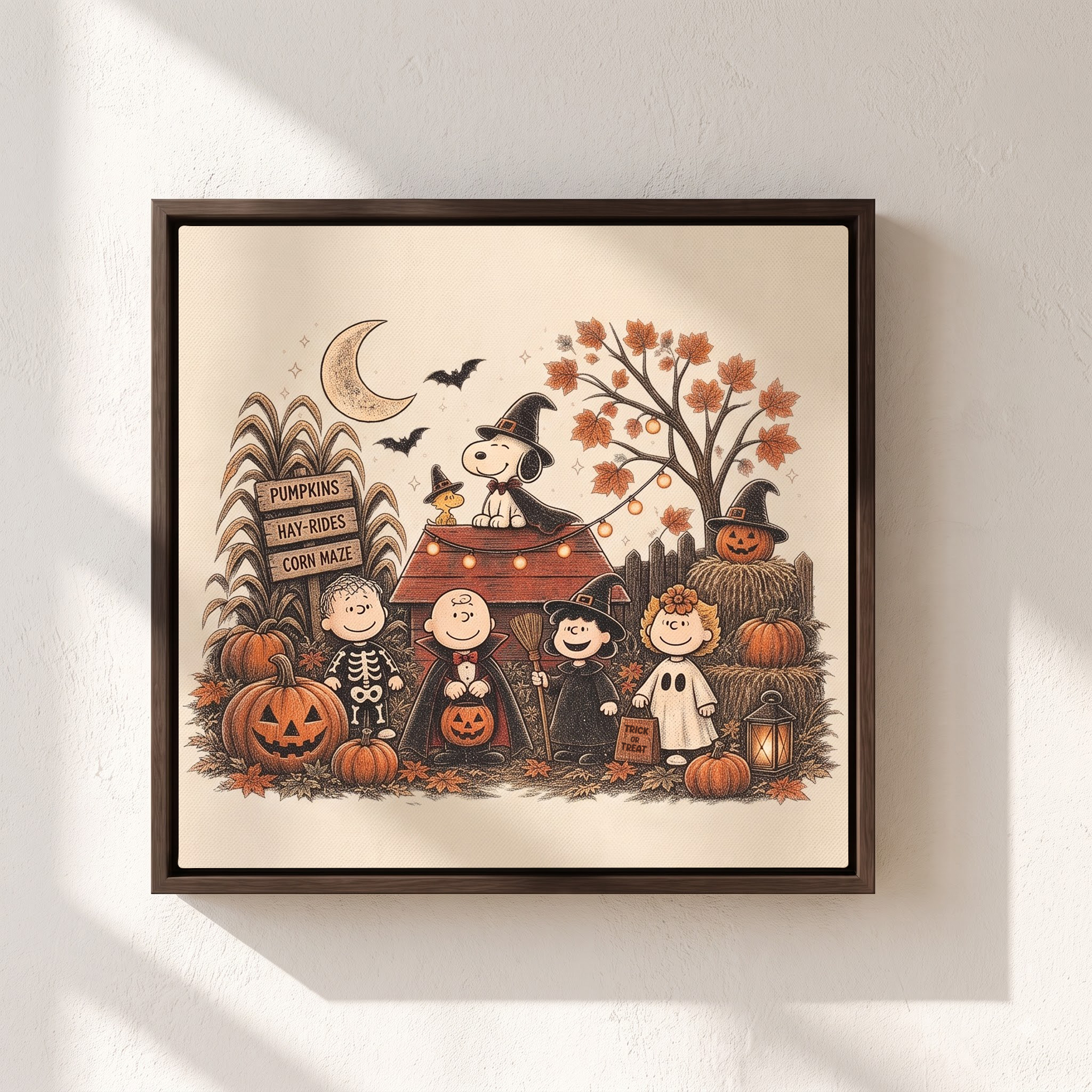 Transform_artwork_into_canvas_print_2K_20260921112724 copy Vintage Snoopy & Friends Halloween Square Framed Canvas with Espresso Frame, Spooky Autumn Wall Art, Framed Matte Canvas Print - Image 1