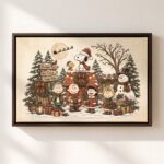 Vintage Snoopy & Friends Christmas Framed Canvas with Espresso Frame, Winter Holiday Wall Art, Framed Matte Canvas Print