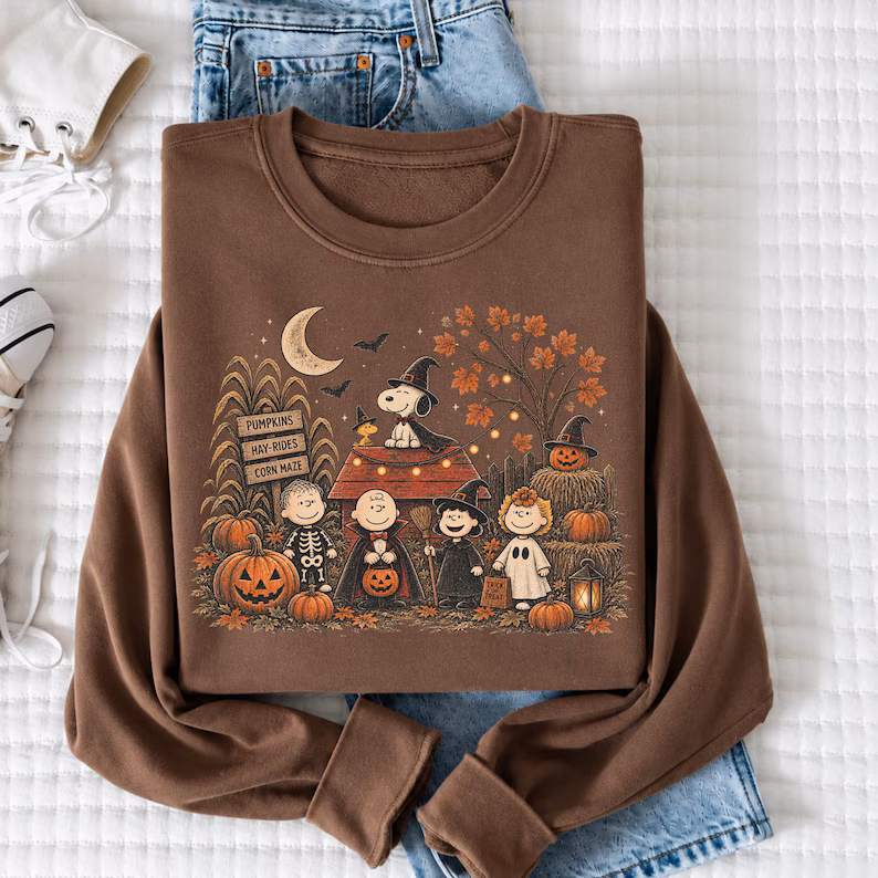 il_794xN.8409254444_nzth Vintage Halloween Cartoon Friends Sweatshirt, Cute Fall Pumpkin Patch Crewneck, Cozy Spooky Season Shirt, Trick or Treat Autumn Gift - Image 1