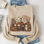 Vintage Halloween Cartoon Friends Sweatshirt, Cute Fall Pumpkin Patch Crewneck, Cozy Spooky Season Shirt, Trick or Treat Autumn Gift - Image 2