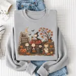 Vintage Halloween Cartoon Friends Sweatshirt, Cute Fall Pumpkin Patch Crewneck, Cozy Spooky Season Shirt, Trick or Treat Autumn Gift - Image 5