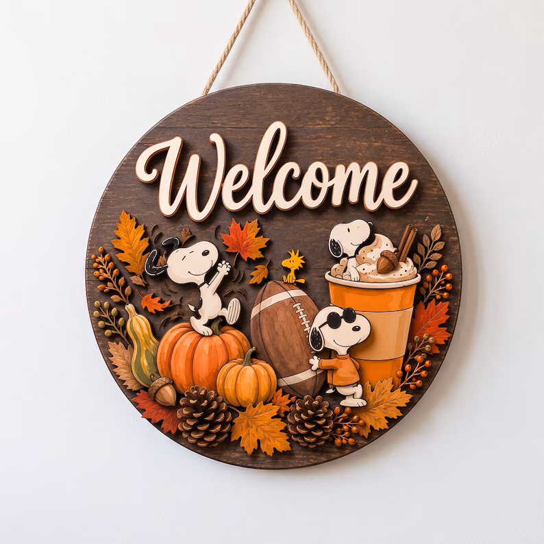 il_794xN.8424182568_n741 Cute Dog Football Fall Door Hanger, Pumpkin Autumn Front Door Decor, Rustic Thanksgiving Porch Sign, Football Fan Gift, Seasonal Wood Decor - Image 1